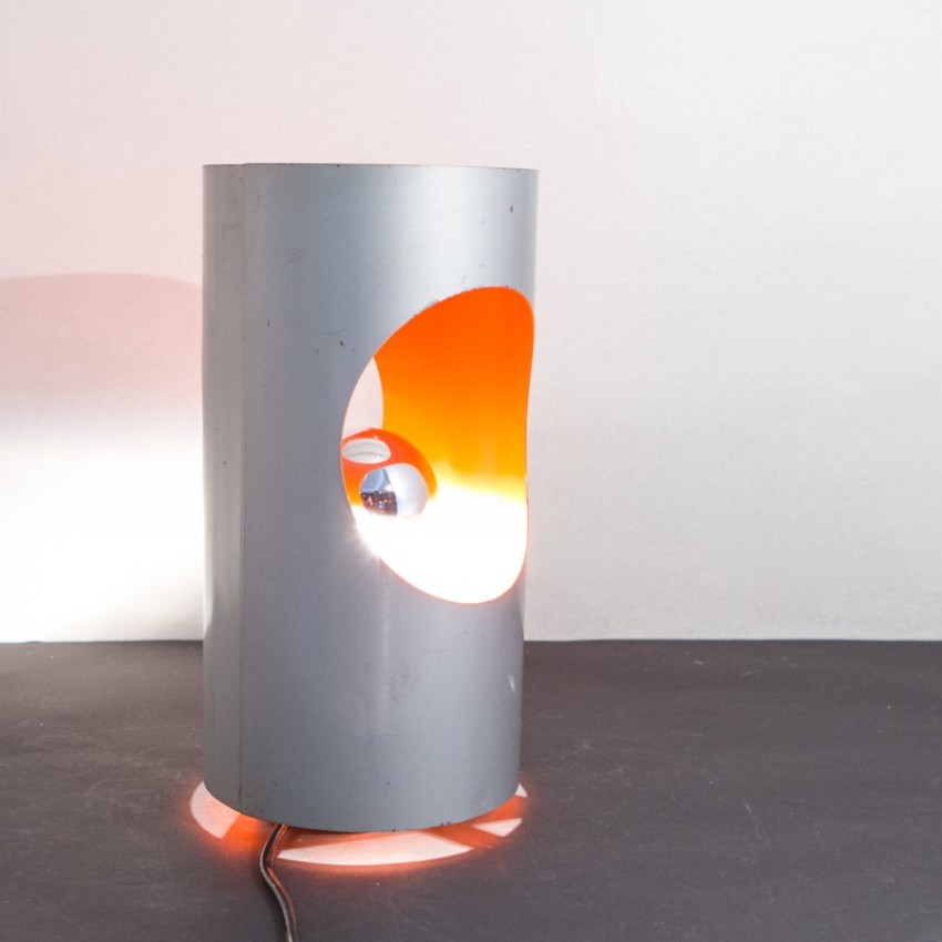 Lampe cylindrique inox et orange - Années 1970