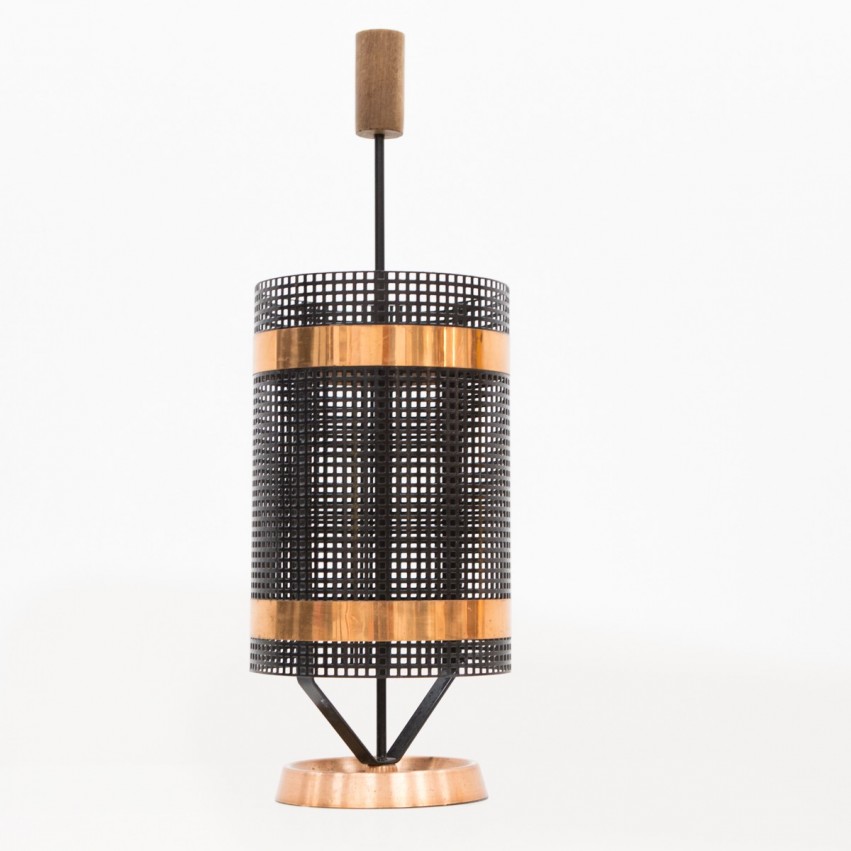 Porte-parapluie cylindrique en cuivre, tôle perforée et bois
