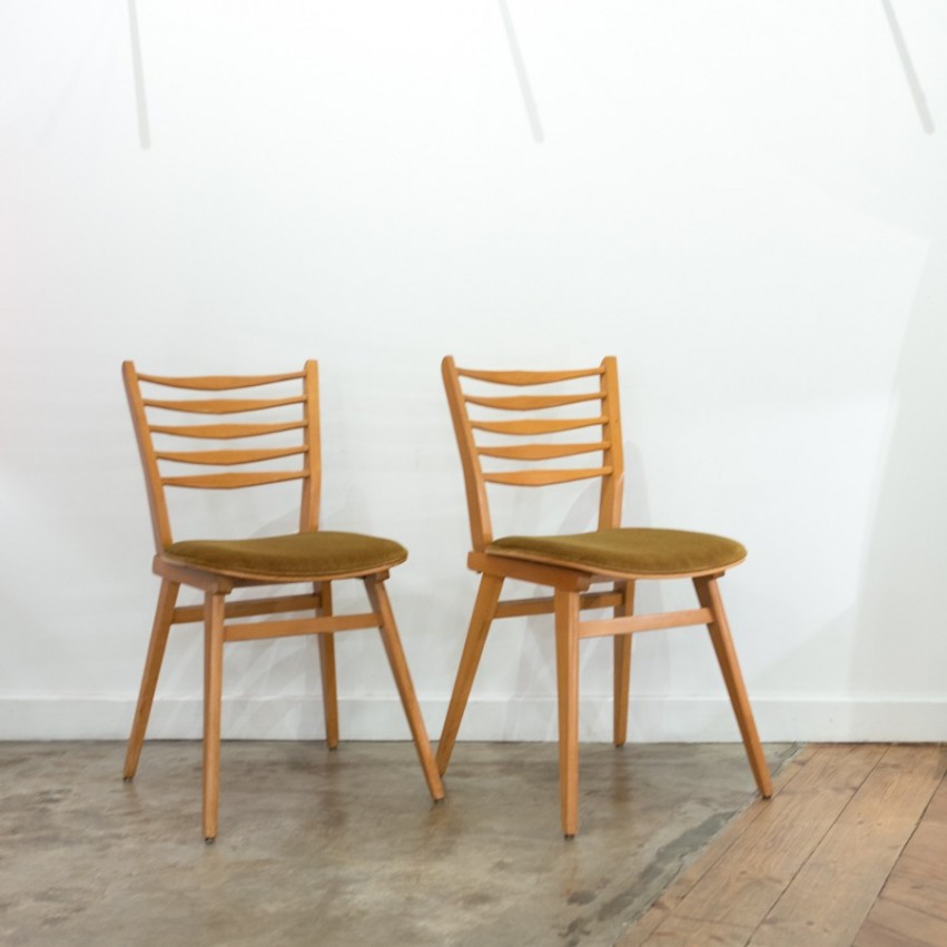 Paire de chaises bois/velours des années 1950