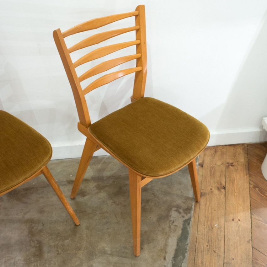 Paire de chaises bois/velours des années 1950