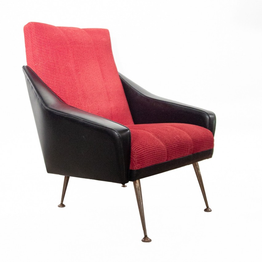 Fauteuil en Skaï noir et velours rouge