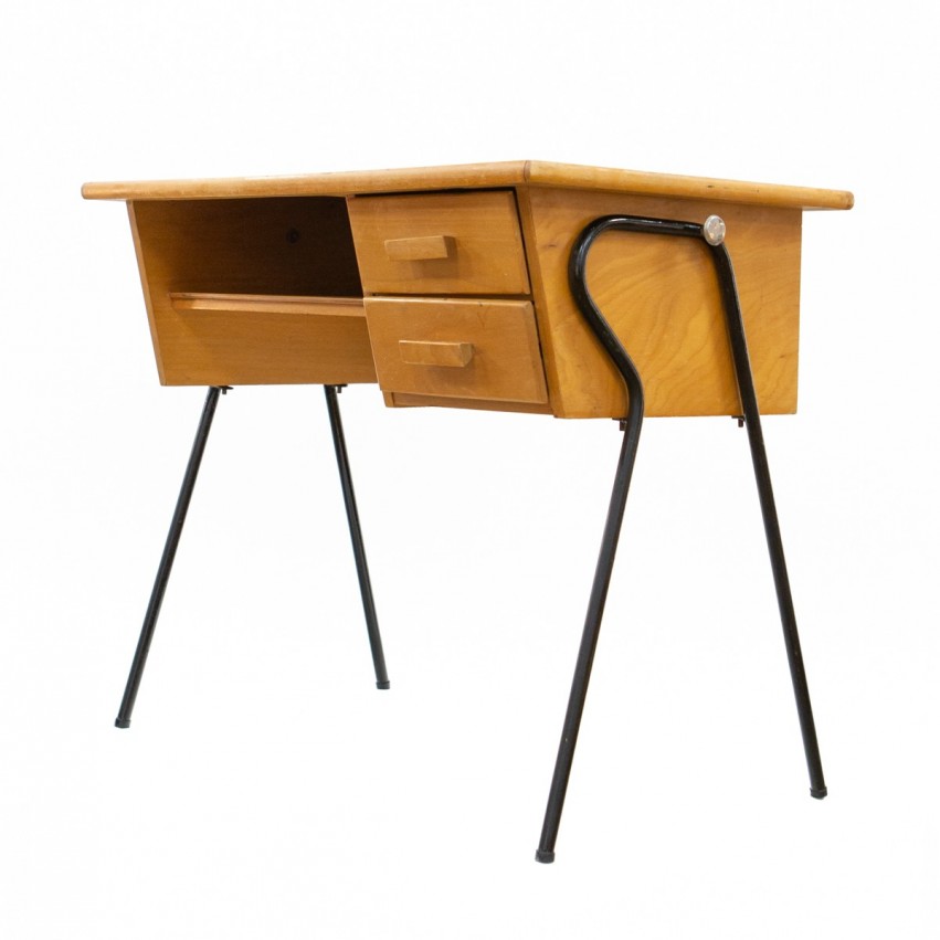 Bureau d'écolier en tube et bois des années 1950