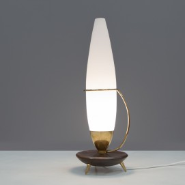 Lampe tripode en bois, verre et laiton des années 1960