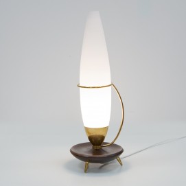Lampe tripode en bois, verre et laiton des années 1960