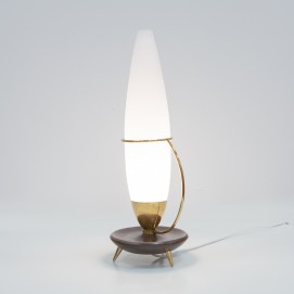 Lampe tripode en bois, verre et laiton des années 1960