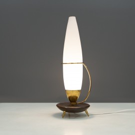Lampe tripode en bois, verre et laiton des années 1960