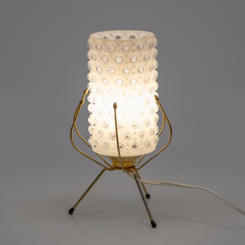 Lampe tripode en verre bullé et laiton des années 1950