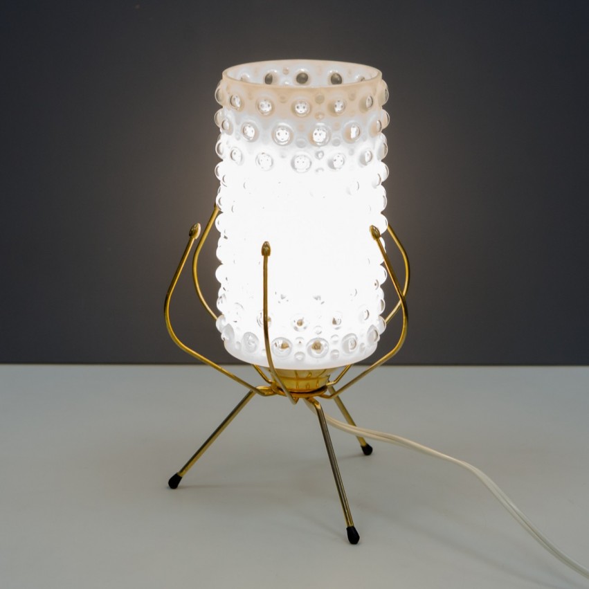 Lampe tripode en verre bullé et laiton des années 1950