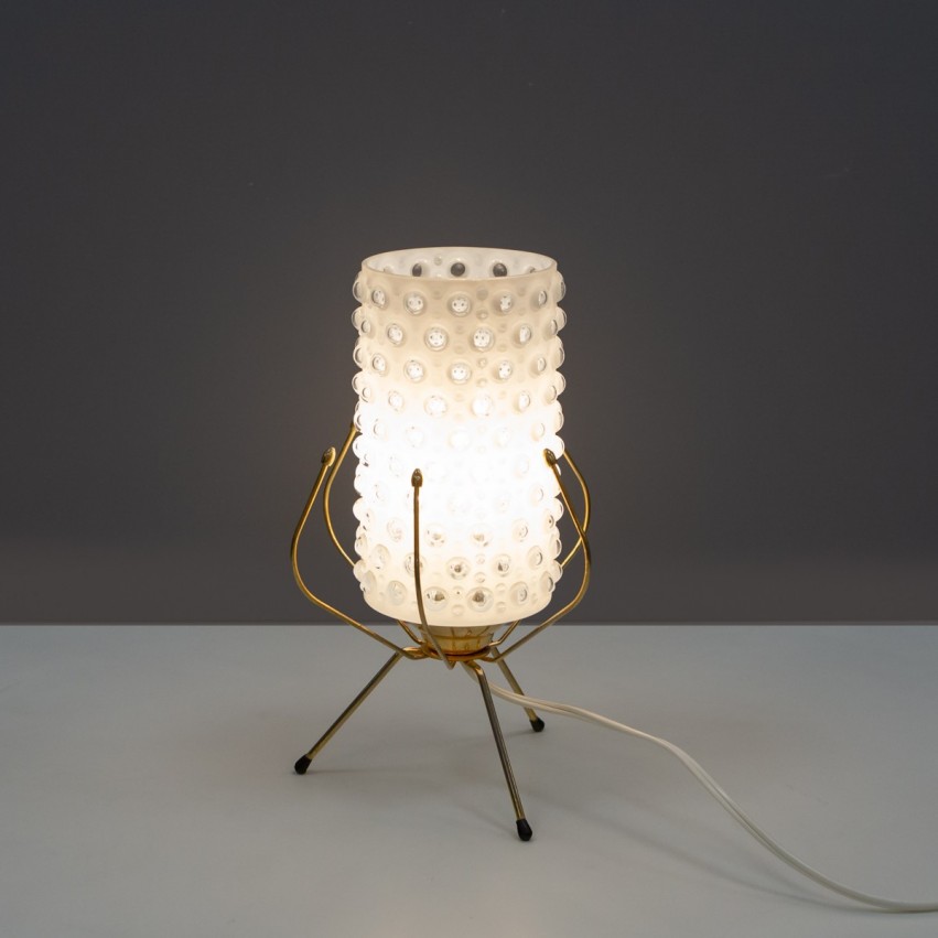 Lampe tripode en verre bullé et laiton des années 1950