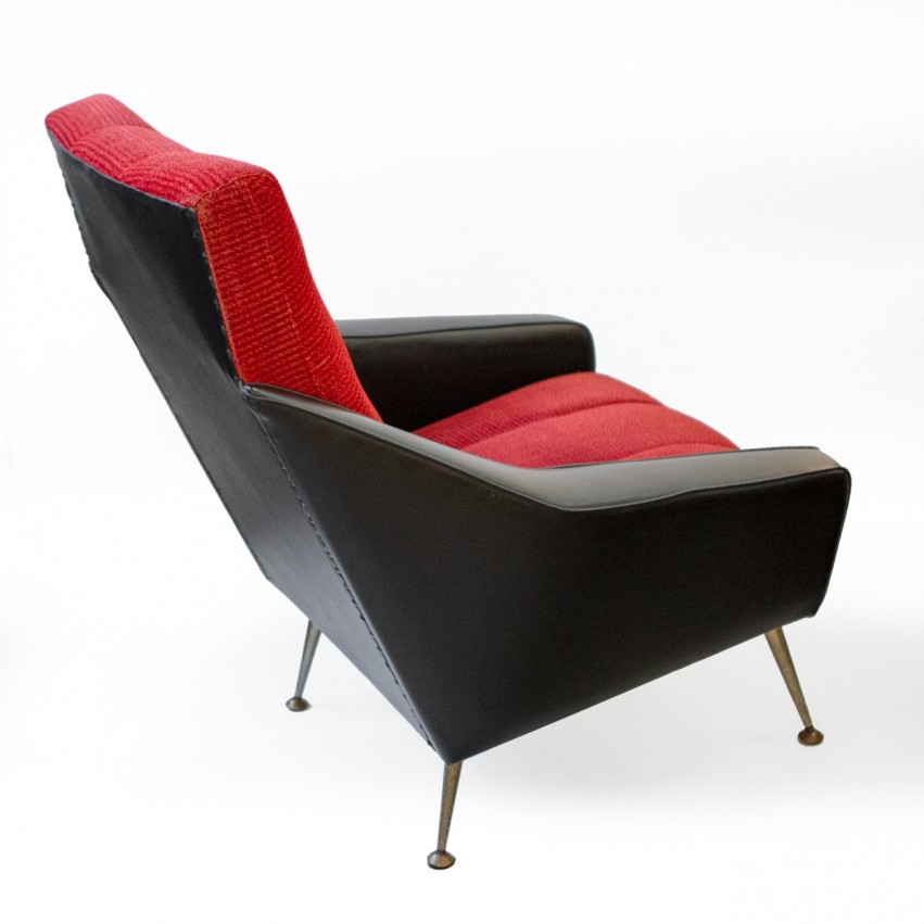 Fauteuil en Skaï noir et velours rouge