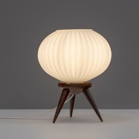 Lampe tripode en verre et bois