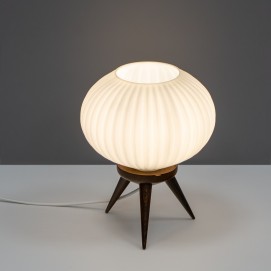 Lampe tripode en verre et bois