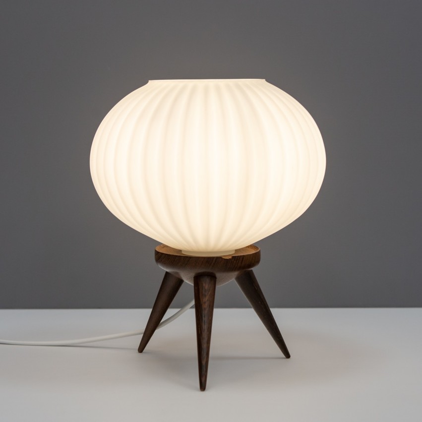 Lampe tripode en verre et bois