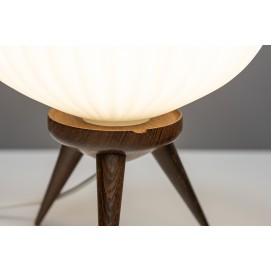 Lampe tripode en verre et bois