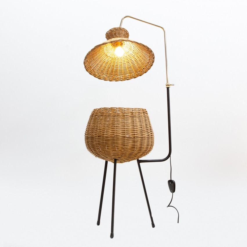 Lampadaire panier en rotin diabolo des années 1950