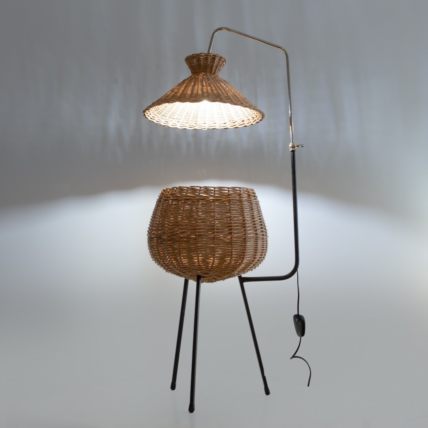 Lampadaire travailleuse tripode en rotin Design du 20e siècle