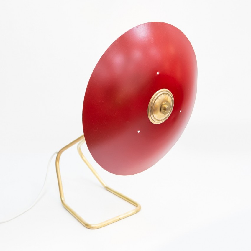 Lampe en laiton et tôle des années 1950 au réflecteur discoïde