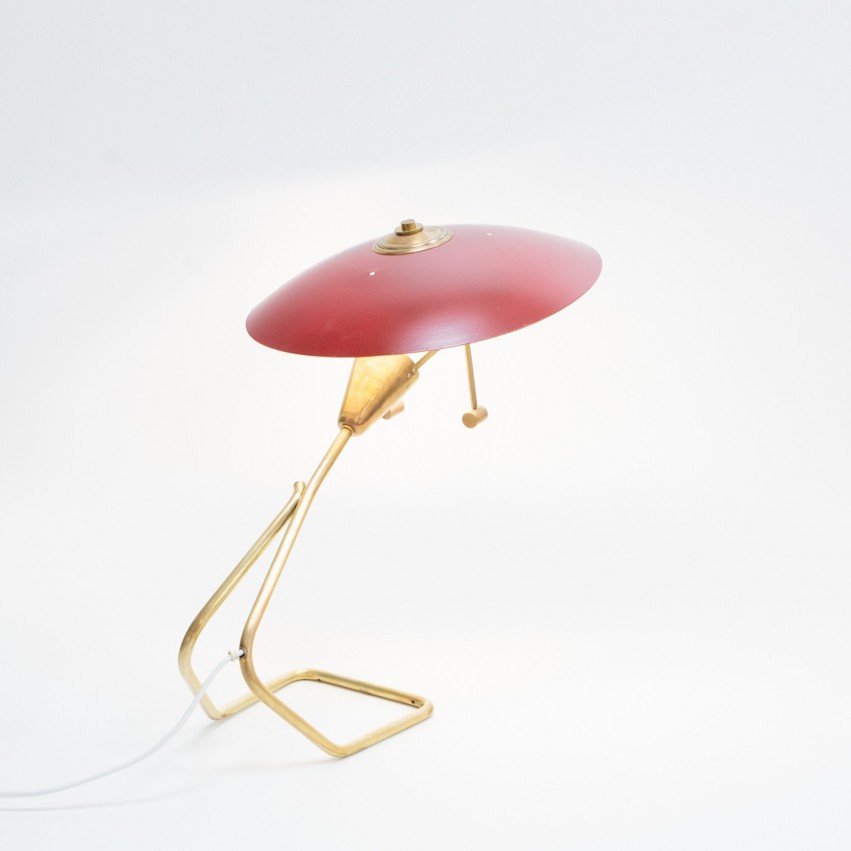 Lampe en laiton et tôle des années 1950 au réflecteur discoïde