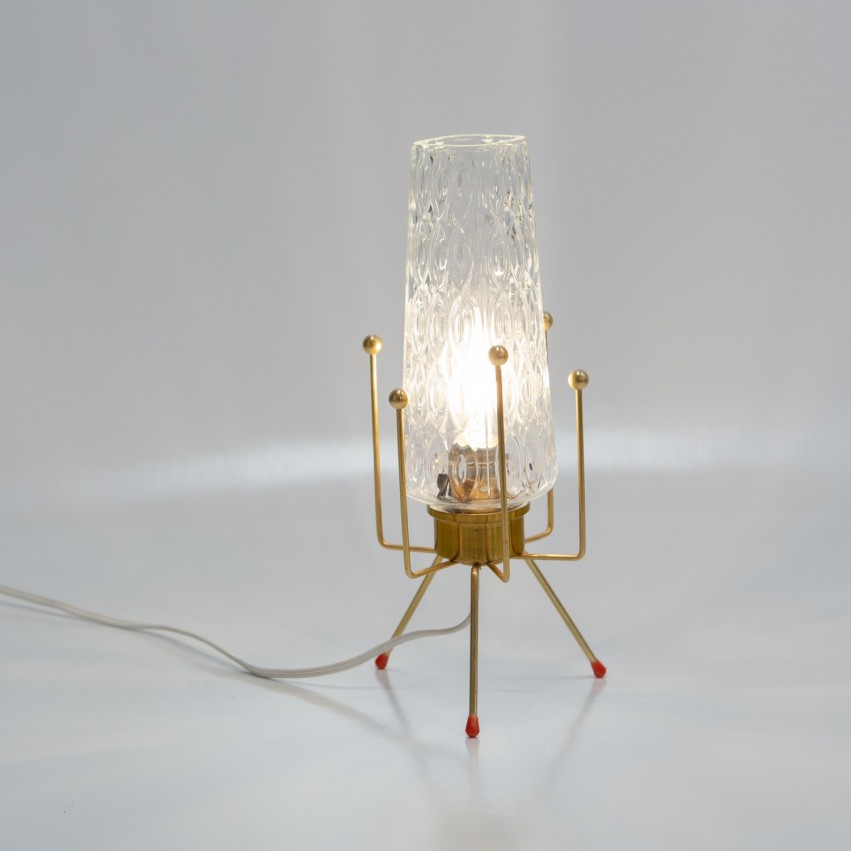 Lampe tripode en verre et laiton des années 1950 boules en laiton