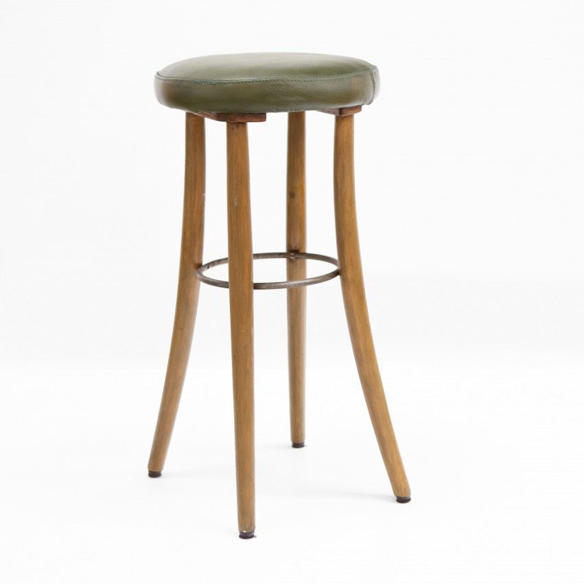 Tabourets de bar en bois et cuir vert des années 1930