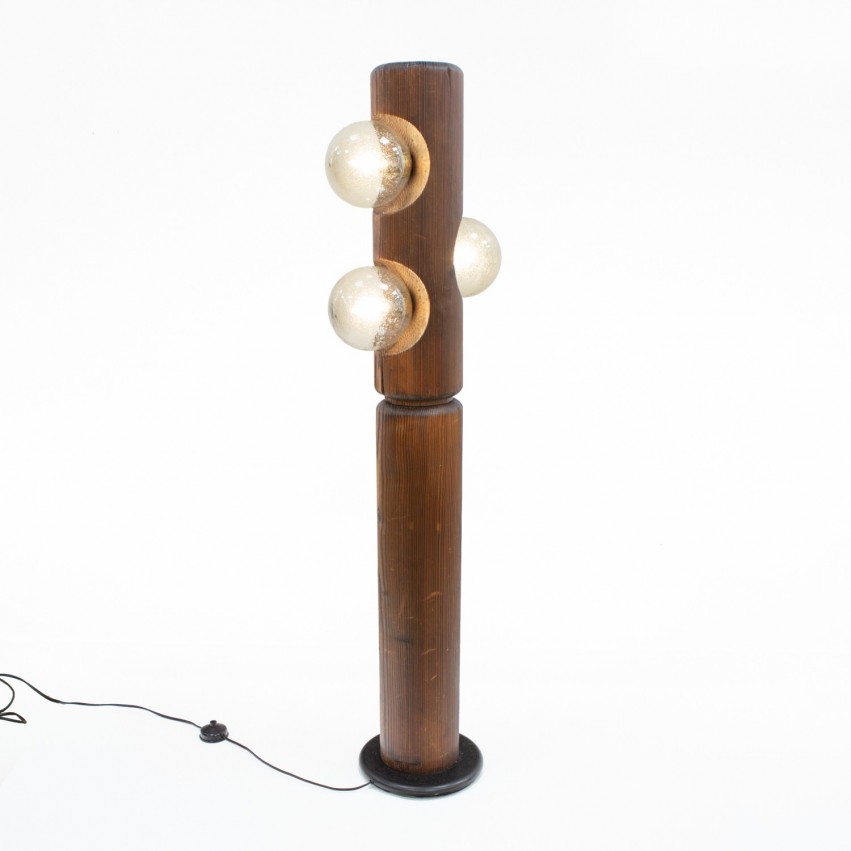 Lampadaire en bois à trois verreries sphériques Temde-Leuchten