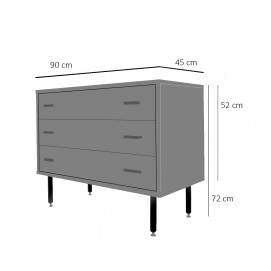 Commode à trois tiroirs en bois et laiton des années 1950