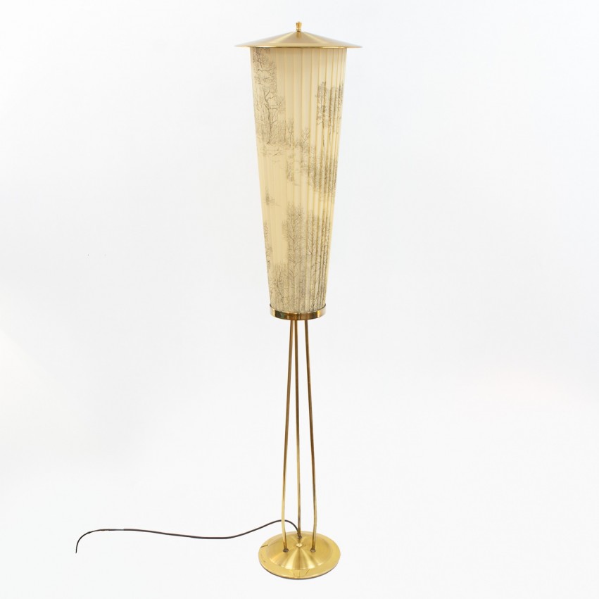 Lampadaire laiton et raphia synthétique des années 1960