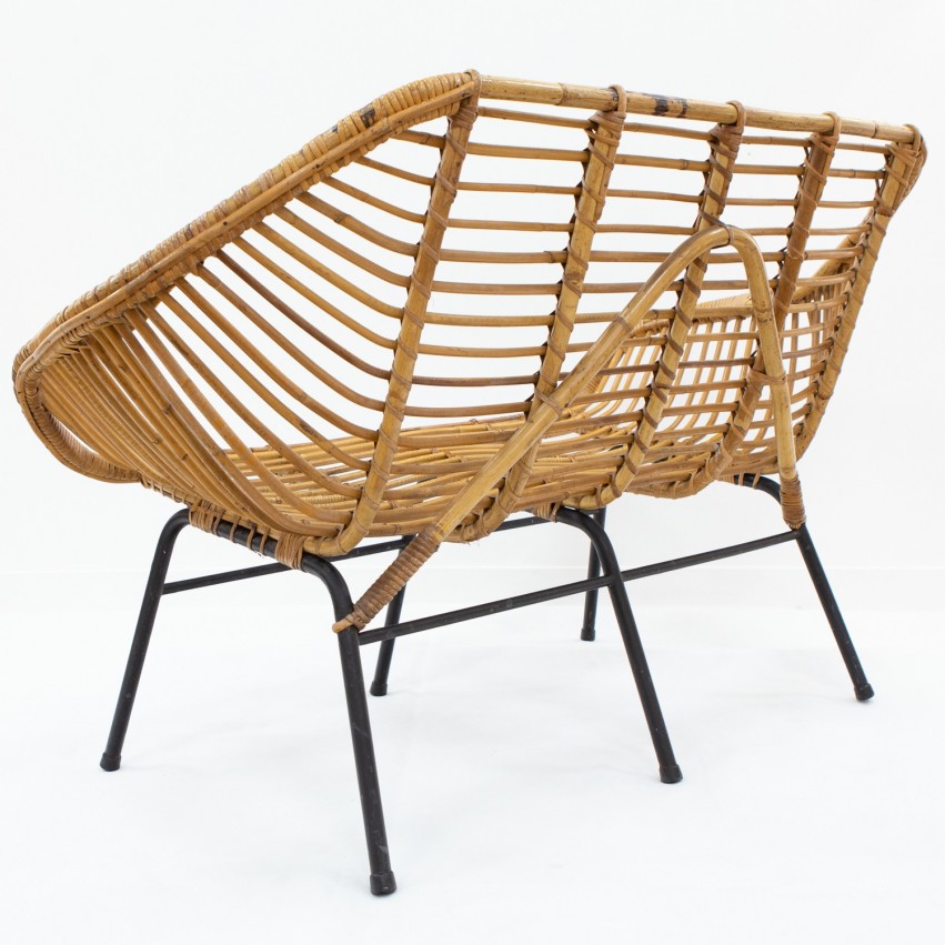 Banquette corbeille en rotin et tube - Années 1960