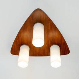 Plafonnier triangulaire en bois et cylindres en verre des années 1960