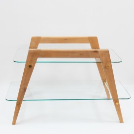 Table basse à deux plateaux en verre et bois des années 1950