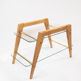 Table basse à deux plateaux en verre et bois des années 1950