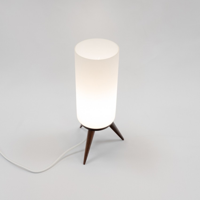 Lampe tripode en verre et bois