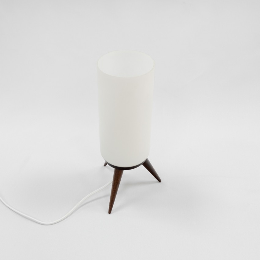 Lampe tripode en verre et bois