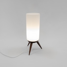 Lampe tripode en verre et bois