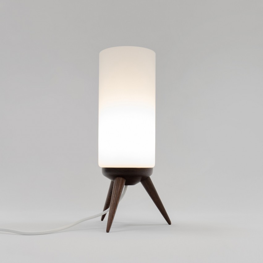 Lampe tripode en verre et bois