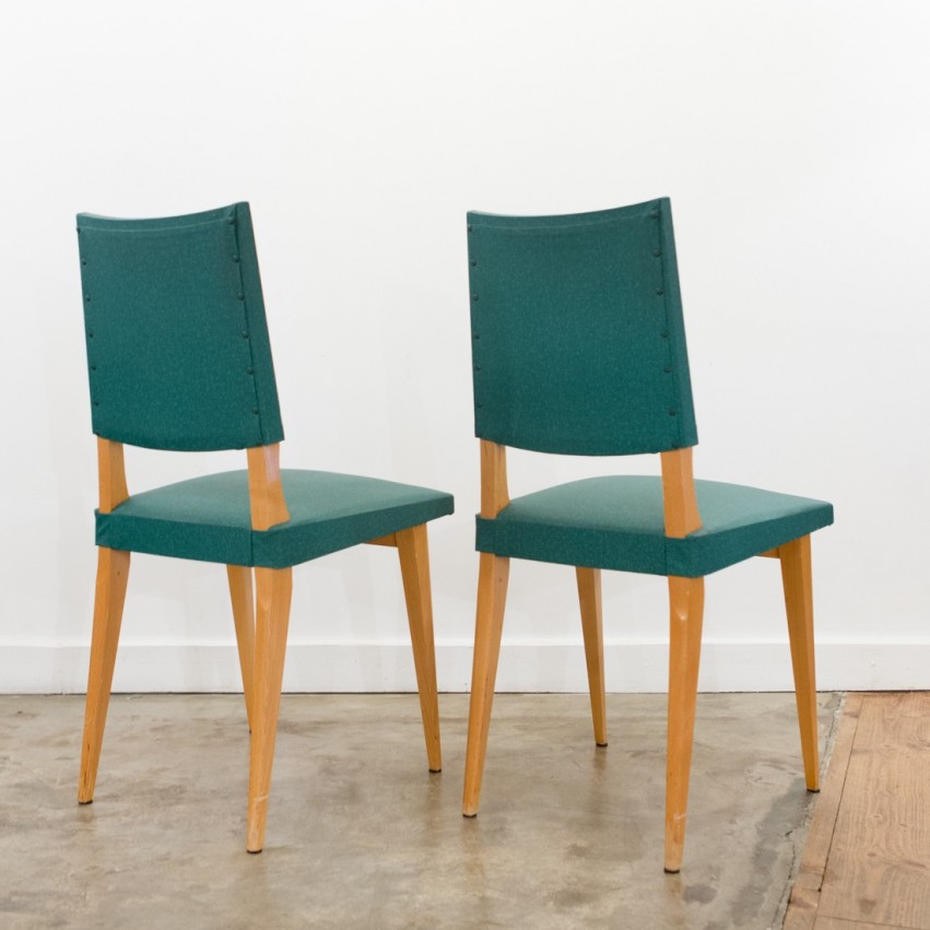 Chaise des années 1950 en bois recouverte de Skaï vert