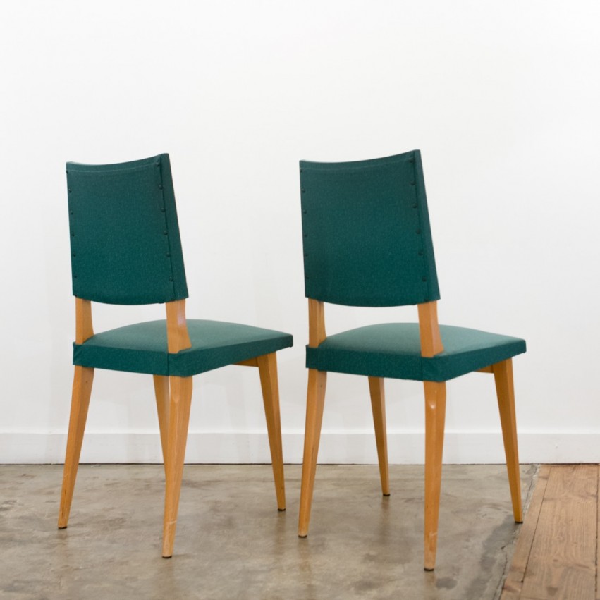 Chaise des années 1950 en bois recouverte de Skaï vert