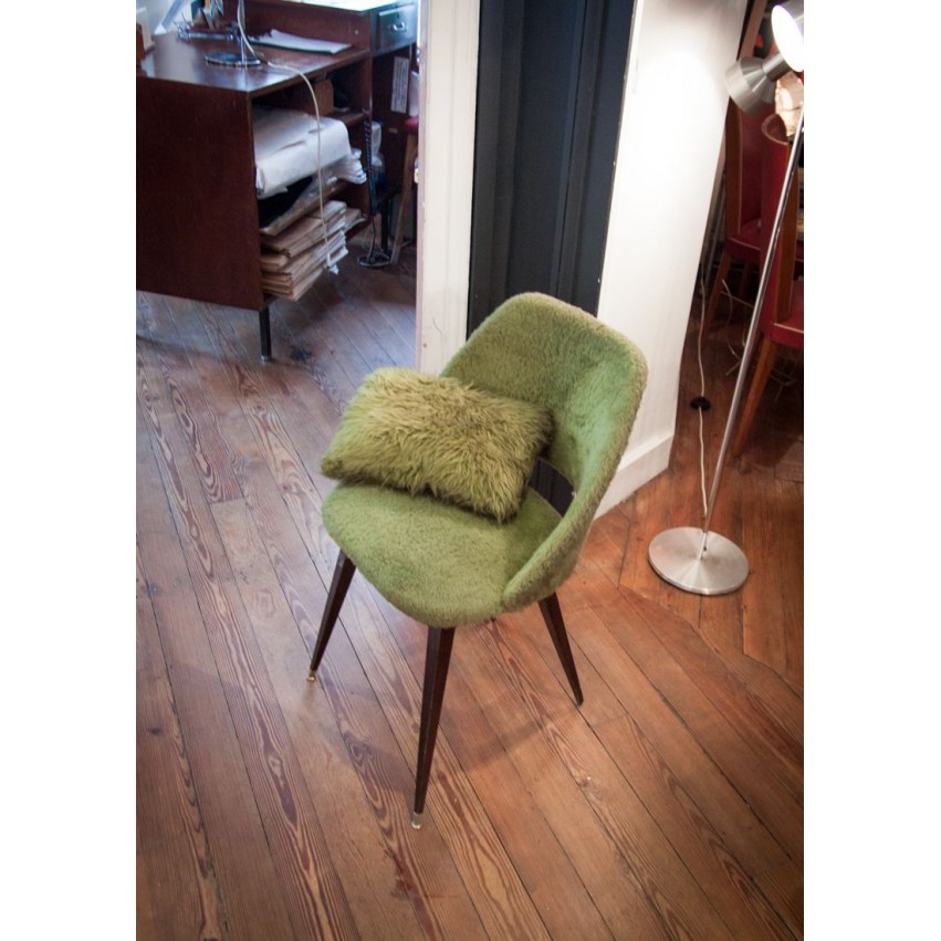 Fauteuil moumoute vert vintage et son coussin