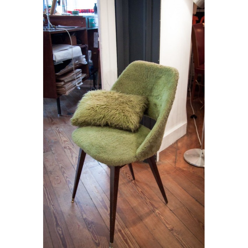 Fauteuil moumoute vert vintage et son coussin