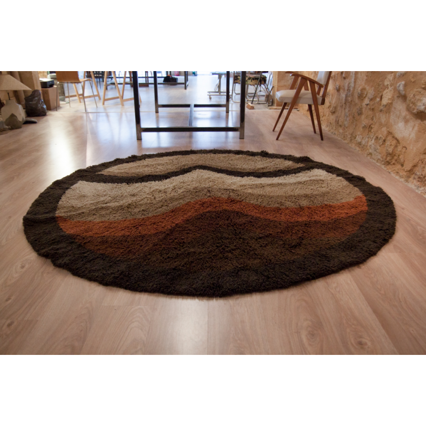 Grand tapis en laine rond des années 1960