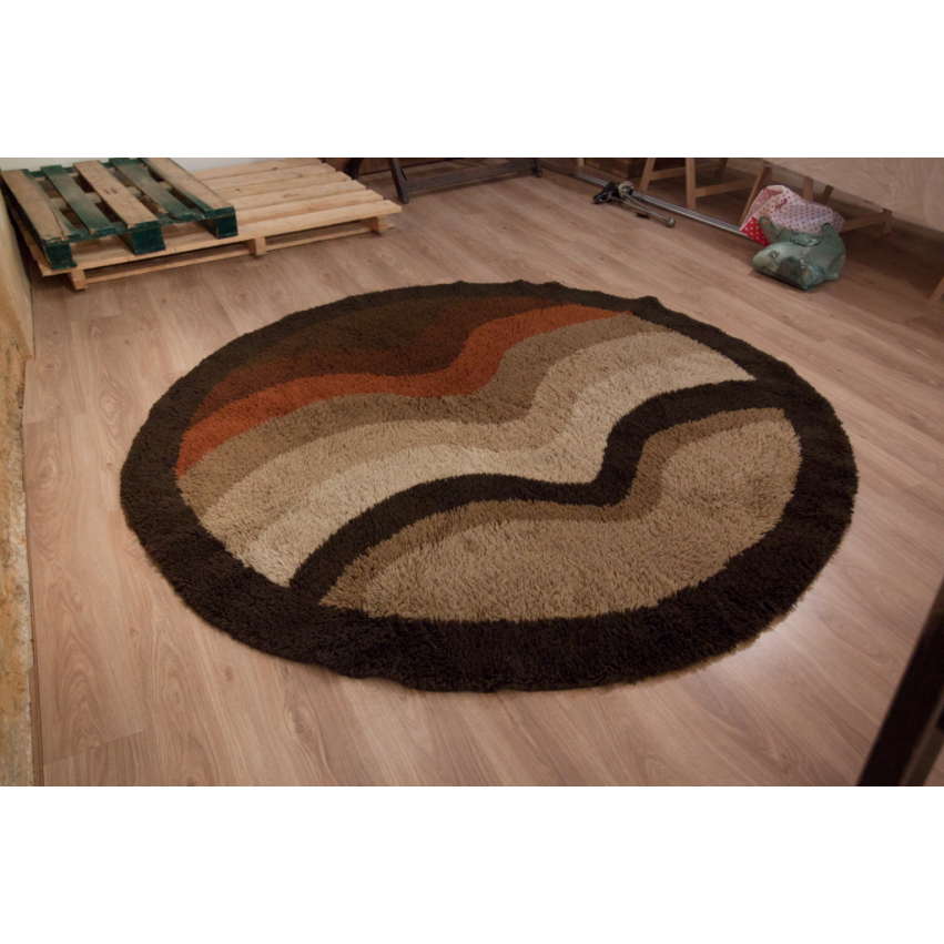 Grand tapis en laine rond des années 1960