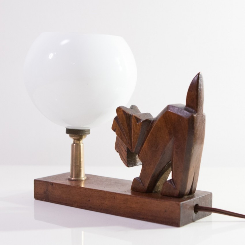 Lampe chien en bois et verrerie