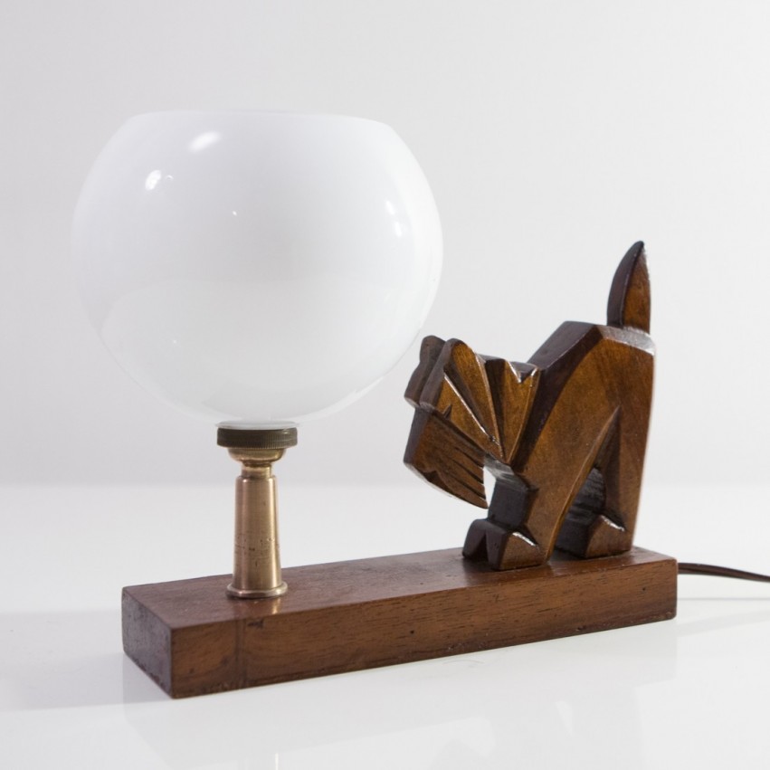 Lampe chien en bois et verrerie